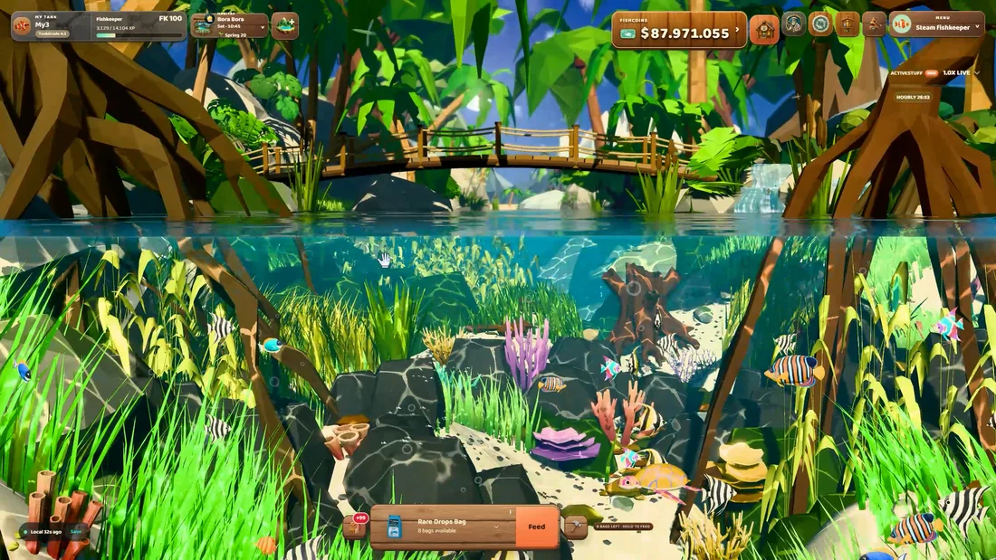 Fish swimming beneath roots and lush plants in a sunlit ChillTank habitat