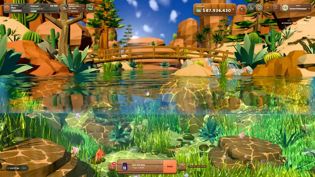 A wooden bridge and desert palms above a clear underwater habitat
