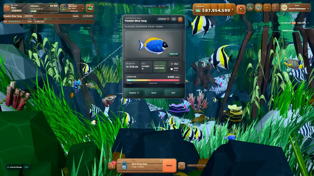 Fischdetails mit individuellen Werten vor einem Riffhabitat in ChillTank