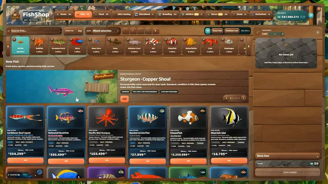 The current FishShop catalogue showing fish available to discover