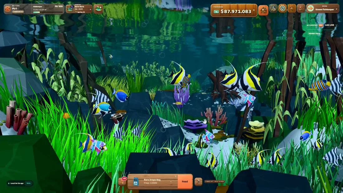 A school of fish swimming through a softly lit forest habitat at night