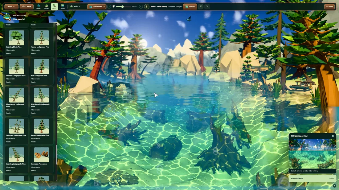 ChillTank habitat editor with terrain and decoration tools beside a tropical shoreline