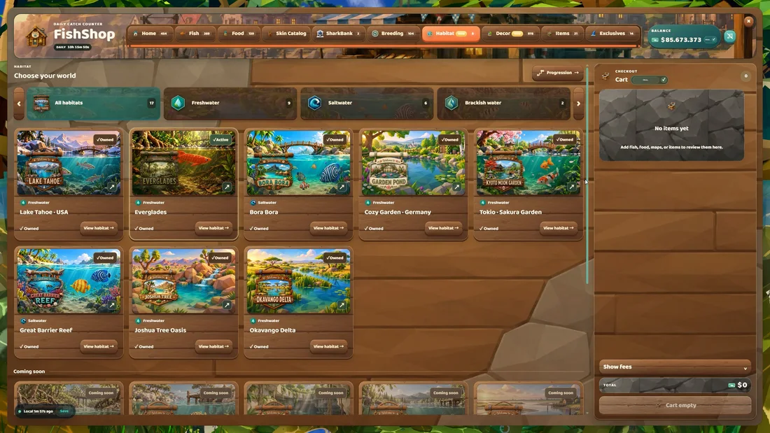 The habitat selection catalogue in the current ChillTank FishShop