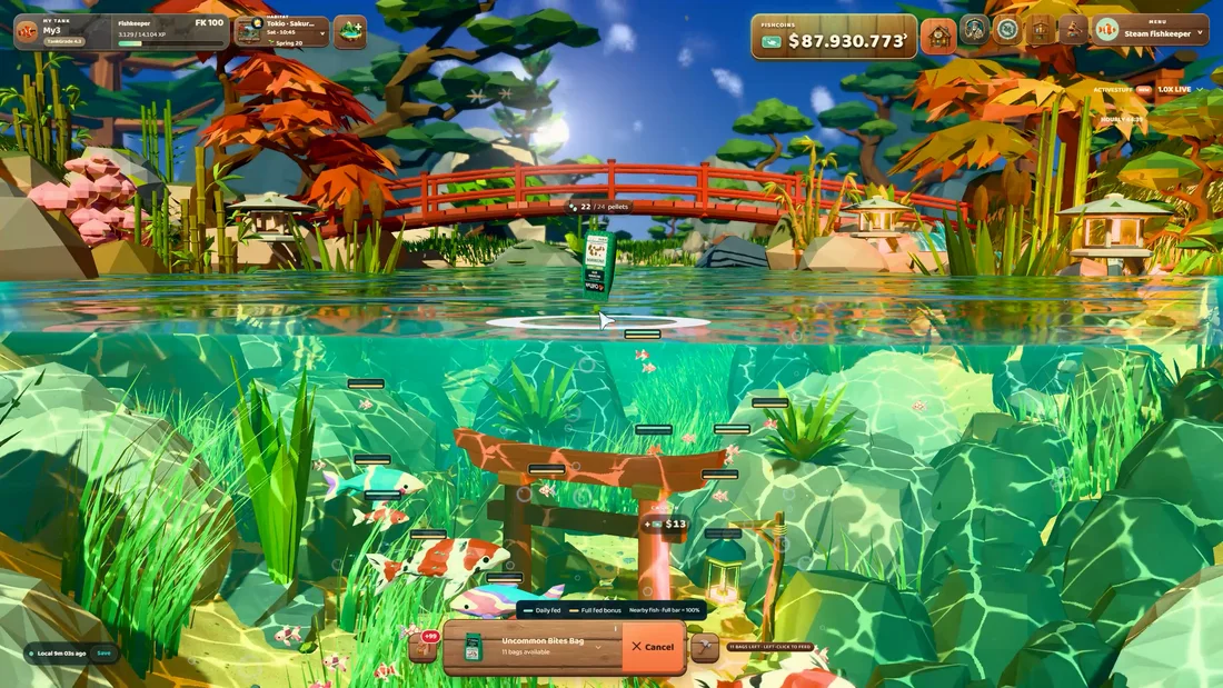 A red bridge and Japanese garden above a decorated underwater habitat