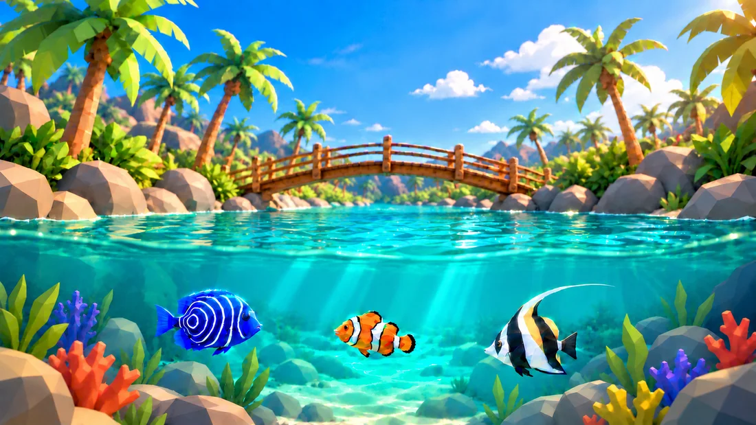 Promotional low-poly ChillTank illustration of a tropical bridge and fish beneath turquoise water