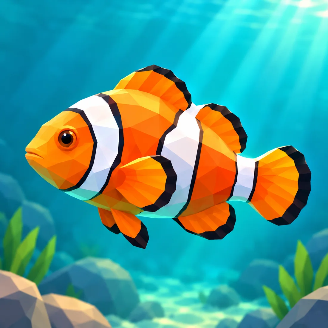 Current low-poly clownfish app icon on a turquoise underwater background