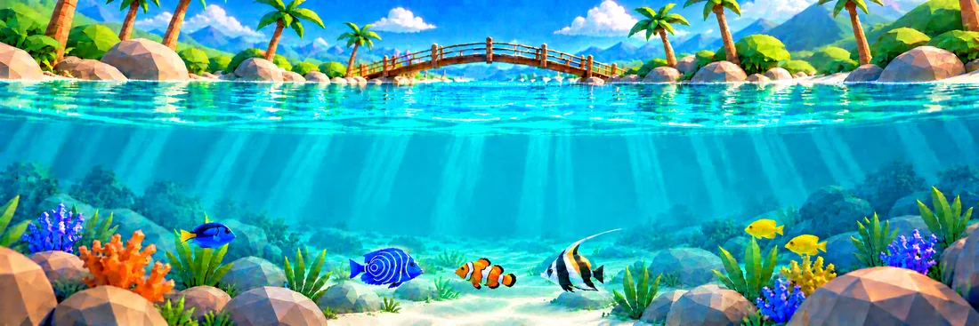 ChillTank promotional artwork of fish beneath a sunlit low-poly island bridge