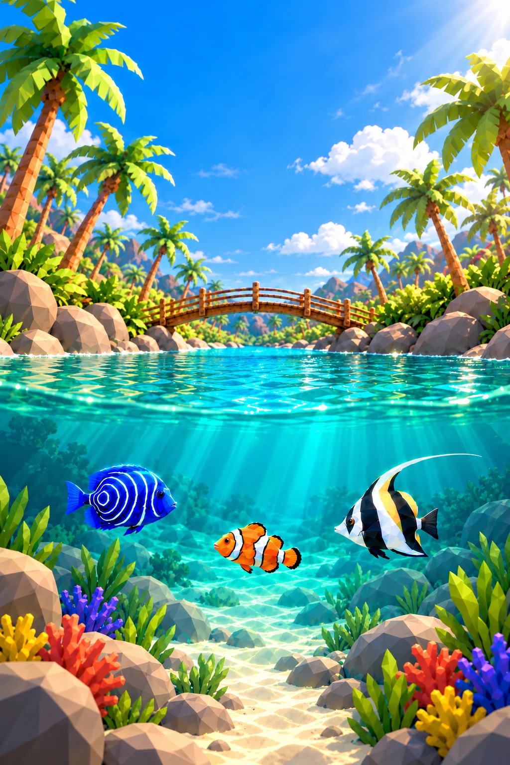 Vertical promotional ChillTank illustration of a tropical bridge and underwater fish