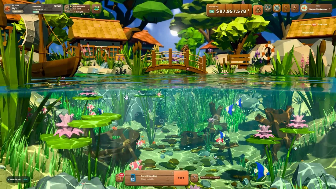 Fish swimming beneath a wooden bridge in ChillTank’s cozy low-poly habitat