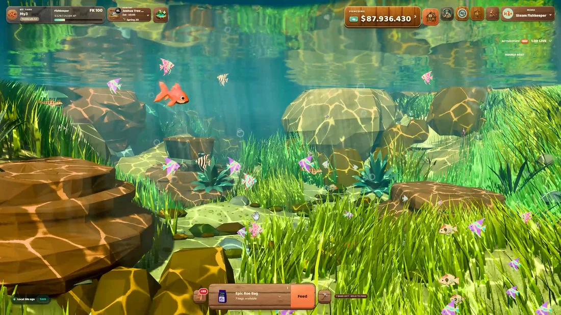 Fish swimming among underwater grass, rocks and beams of sunlight