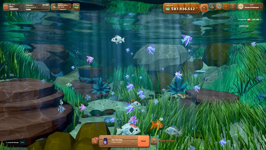 Fish swimming above rocks and grass in cool evening light
