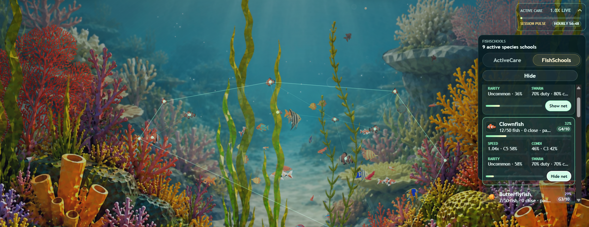 FishSchools panel showing a selected school net over the aquarium