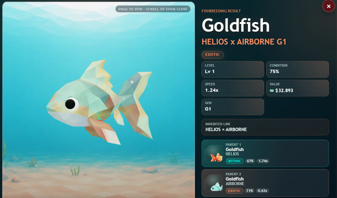 FishBreeding result showing a new Goldfish hybrid with parent lineage