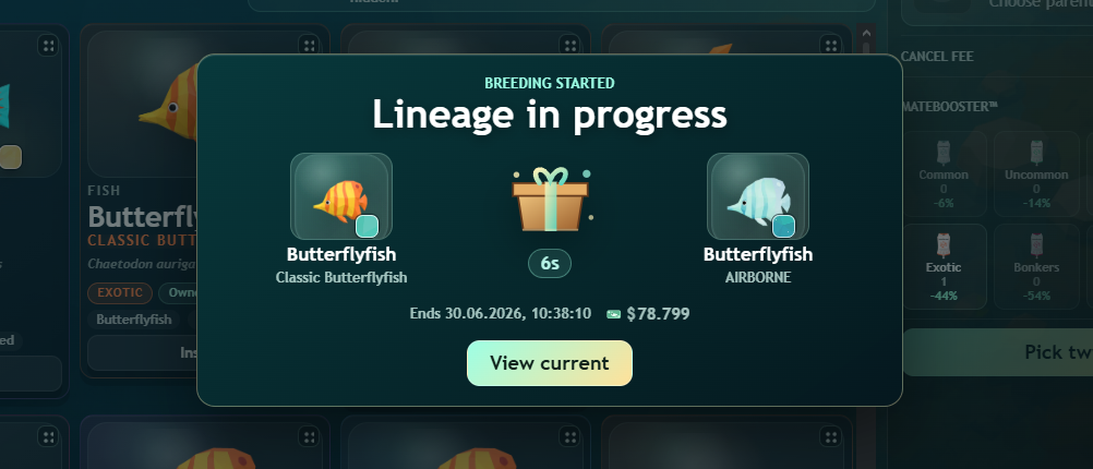 Breeding started popup showing two parent fish and the estimated finish time