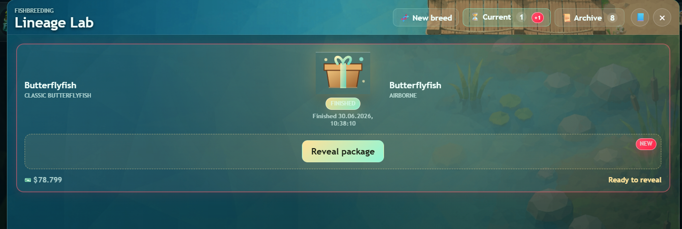 Current FishBreeding session ready to reveal with a package button